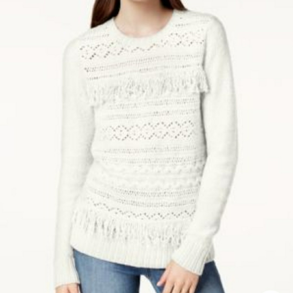Kensie Sweater Large Ivory Fringe Cable Knit Pullover Ruffle